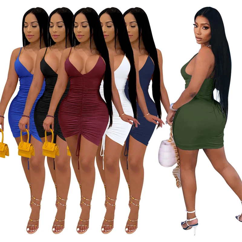

Women's Sling Dress Summer Sexy Package Hip Drawstring Skirt Casual Shoulder Strap Milk Silk One-piece Dress