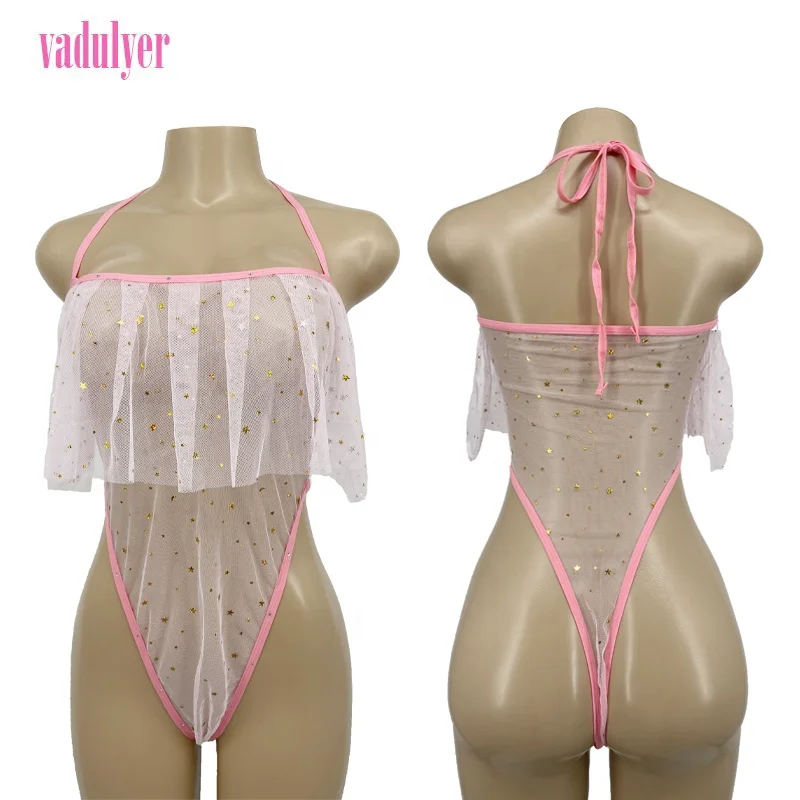 

Vadulyer One Piece Rhinestone Embellished Bikini Mesh Bodysuit Exoticwear, Picture