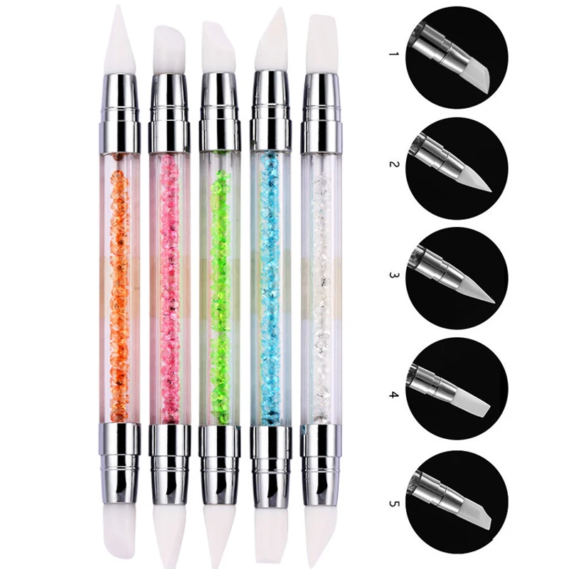 

5 pcs/Lot 2 Way Dotting Rhinestone Crystal Silicone Dual-Head Nail drill Paint Tassels Design Pen 3 D Acrylic nails Brush M1-T5Y, As picture