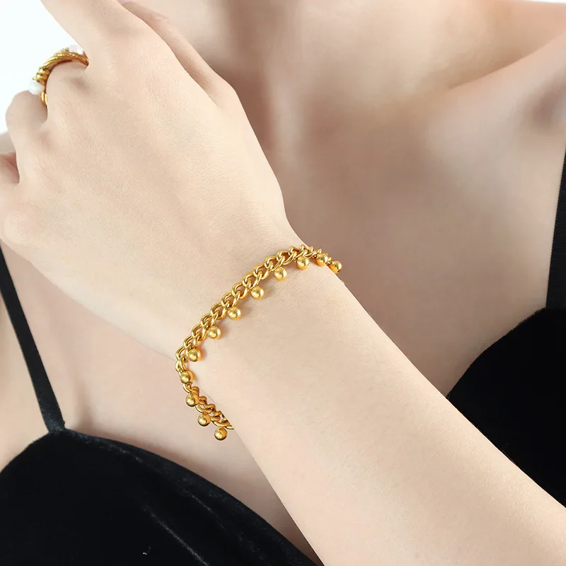 

G2313 Wholesale PVD 18k Gold Plated Dainty Stainless Steel Charm Beads Tassel Cuban Chain Fashion Jewelry Bracelets & Bangles