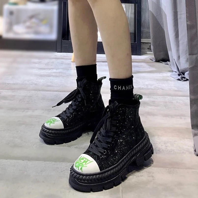 

2021 new designer famous brands diamond leather ankle thigh high boots women shoes, women thick soled martin boots, Black+yellow black+green