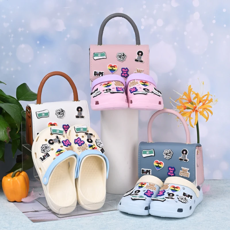 

2021 New design matching women handbags with slippers fashion mini purse sets luxury wholesales pearl ladies shoes and bags set, Pink,black,white,green,purple