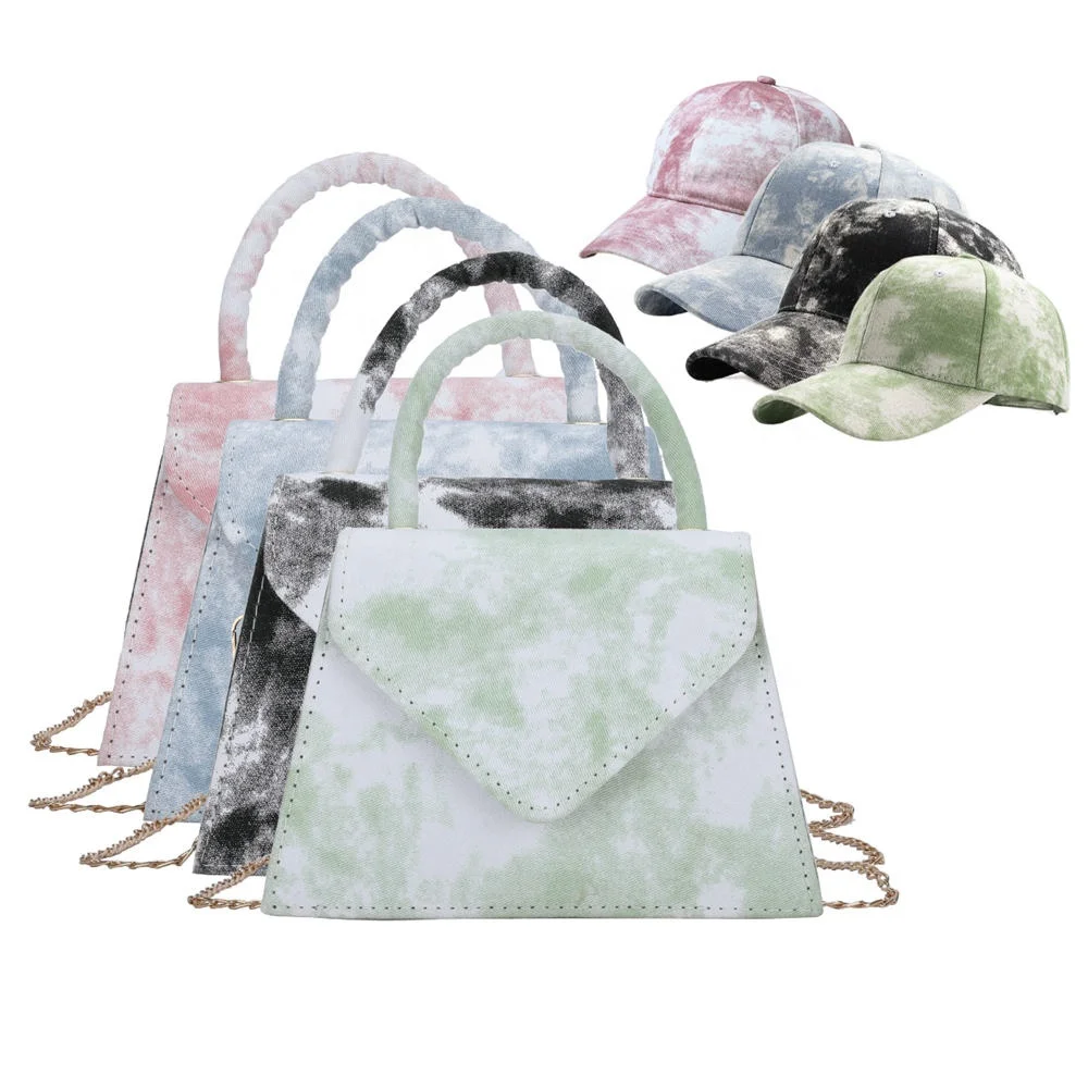 

Wholesale Fashion Trapezoid Shape Women Purse with hat Sets Crossbody Tie Dye ladies Single Shoulder Handbags and Hat Set, Pink , black, blue,green