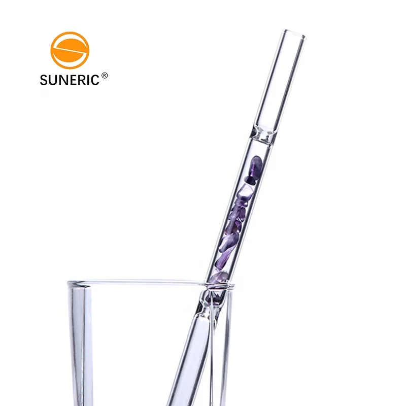 

Custom Reusable High Borosilicate Drinking Infused gemwater crystal gravel glass straw, As picture