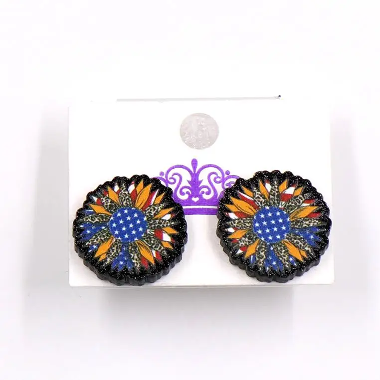 

ERS615ER1404 Best price fashion factory black glitter 4th of July Independence Day Sunflower Shape Printed Jewelry Stud Earrings