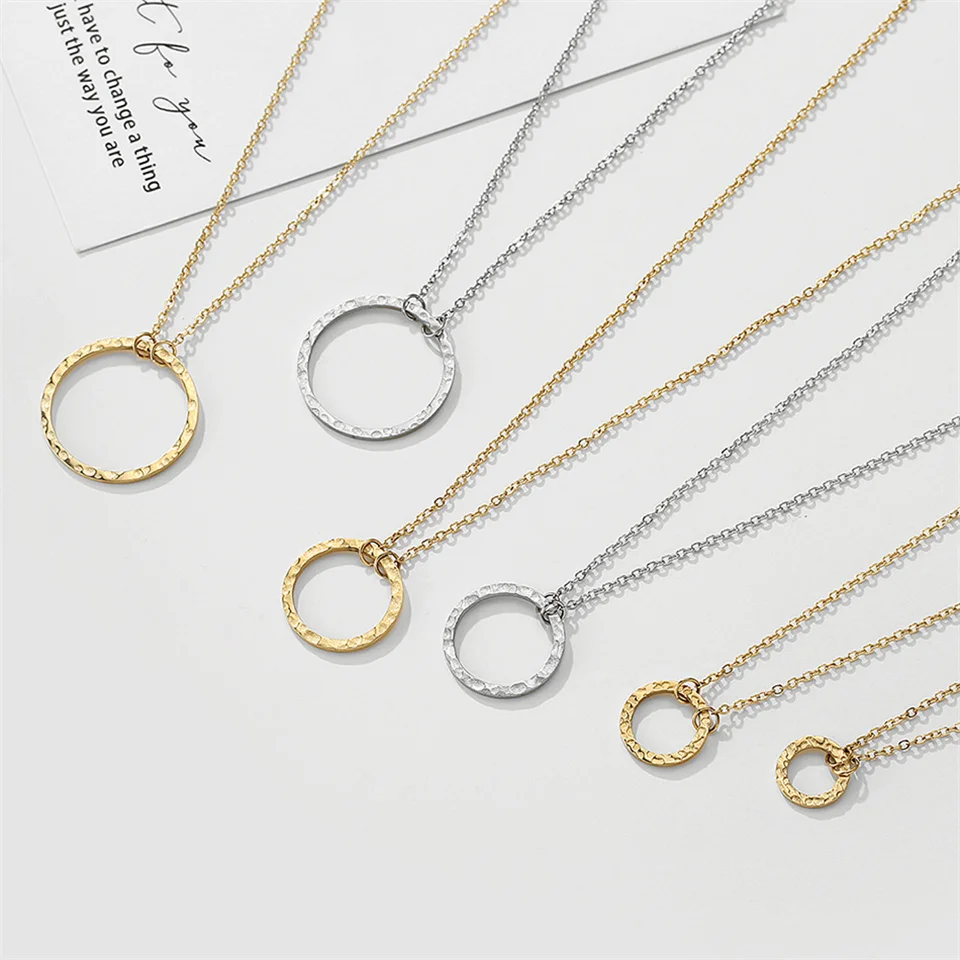 EManco Wholesale 14K Gold Plated Fashionable Circle Hammered 316L Stainless Steel Chain Necklace for Women's Gift