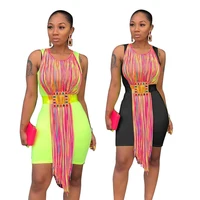 

2019 Women Tassel Fringed Dresses Sleeveless Bodycon Casual Neon Dress