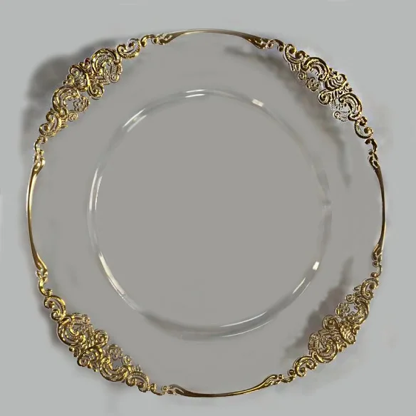 

Wholesale customized clear plastic fruit cake charger plates plastic beaded plates with gold rim, Clear with gold or clear with silver