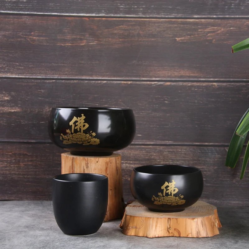 

Factory stocked custom printed logo cheap black stonnerware porcelain temple ceramic buddha bowl