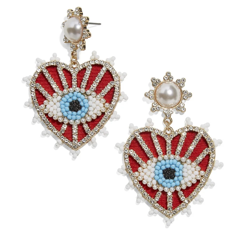 

Luxury Bead Evil Eyes Earrings Colorful Large Rhinestone Crystal Gold Love Heart Shaped Pendant Earring