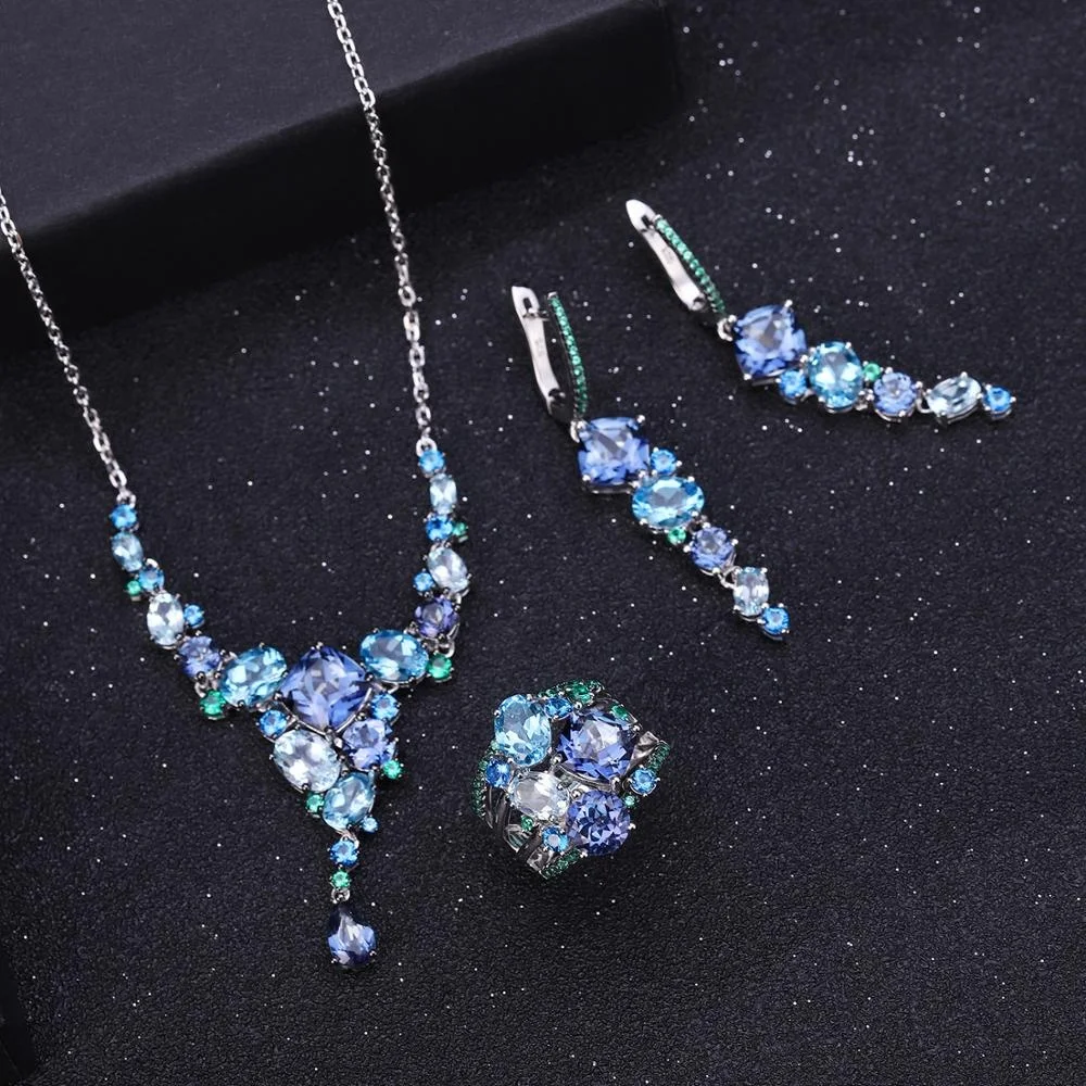 

Abiding Luxury Necklace Ring Earring Set Natural Mystic Quartz Blue Topaz 925 Sterling Silver Bridal Jewelry Sets