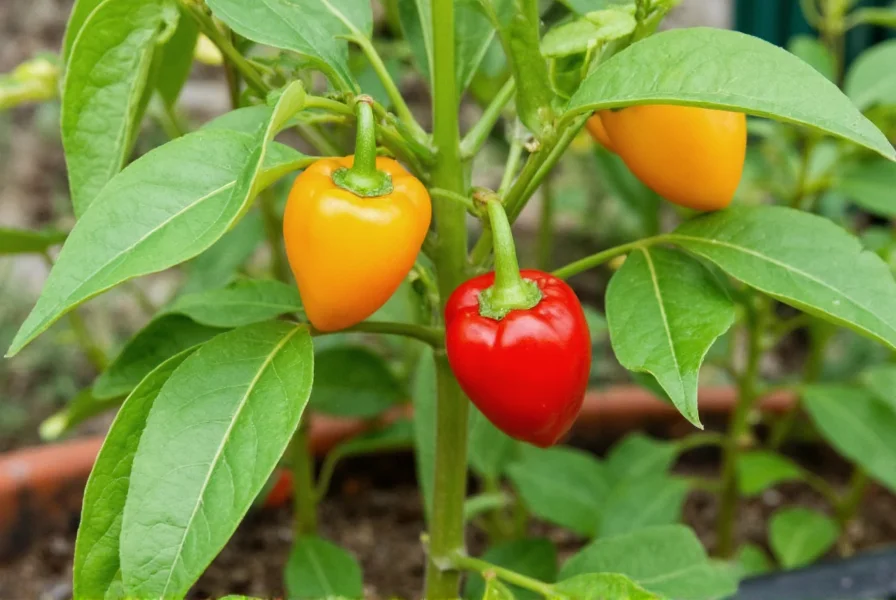 Healthy scotch pepper plant growing in a container garden with multiple colorful ripe peppers visible