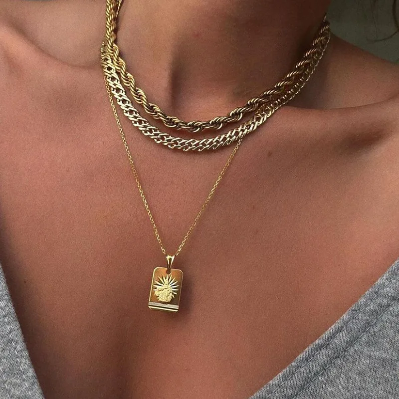 

Fashion Custom Sun Gold Necklace Trendy Long Multilayer Layer Link Chain Bohemian Style Necklace Women