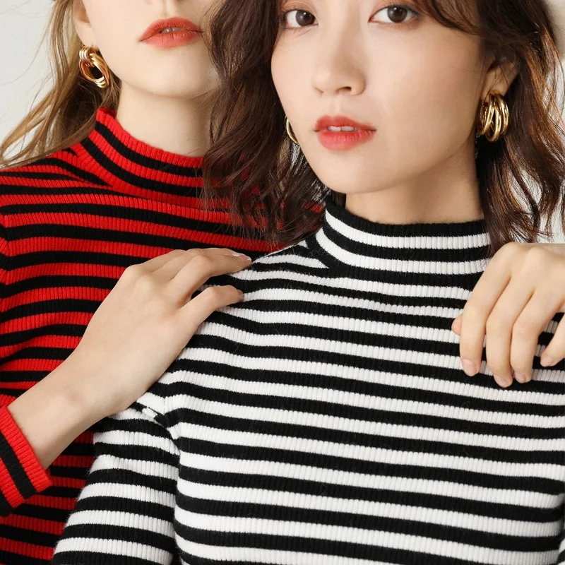 

Autumn And Winter Striped Slim Thin Sweater Ladies Sweaters Temperament Women's Knit Head Pile Collar Slim Pullover Sweater