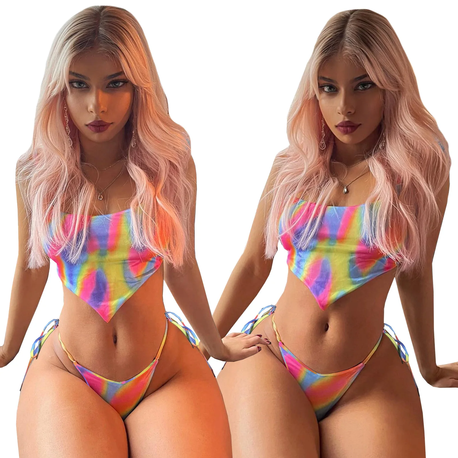 

Printed Irregular Monki Swimsuit Swimwear High Cut Brazilian Swim Wear Bikini Cover Up Rope Bathing Suit Set, Colorful