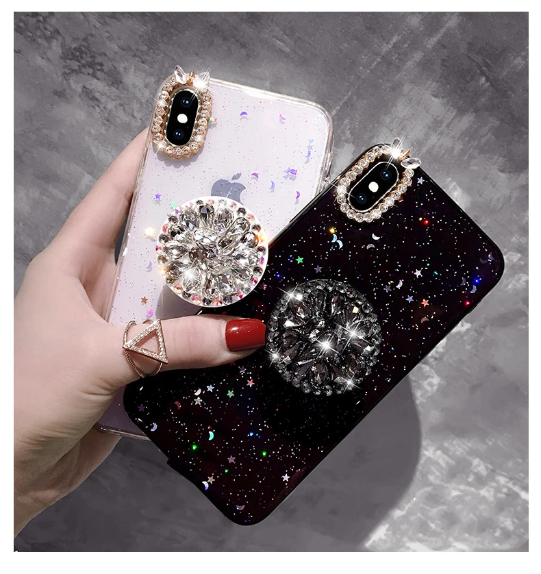 

Protective Cover Glitter Starry Sky Design Clear Phone Case With Diamond Pop Up Holder For IPhone XR XS MAX For IPhone 8 Plus