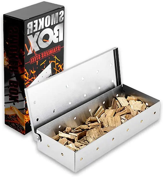 

BBQ Accessories Stainless Steel Meat Smoky Flavor Smoker box Charcoal Gas BBQ Wood Chips Smoker Box, Metal color