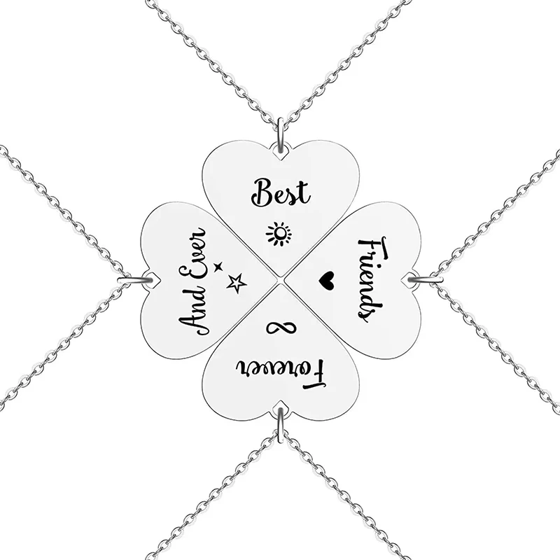 4 Pcs/Set Heart Four Leaf Clover Pendant Necklace Stainless Steel Best Friends Sisters Necklaces BFF Jewelry