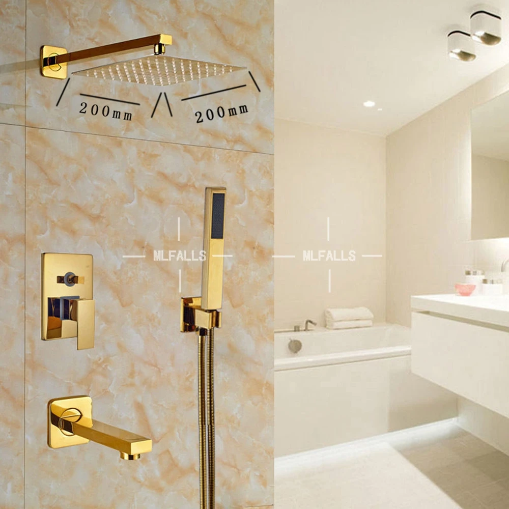 WYH Juego de ducha de baño de latón macizo dorado cepillado grifo de ducha de lluvia grifo montado en la pared conjunto de grifos de brazo de ducha 