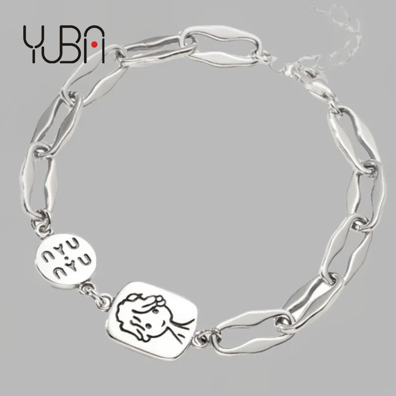 

Valentines Gift S925 Silver Plated Irregular Paperclip Carved Girls Tags Bracelet Embossed Image Letter Square Charm Bracelet