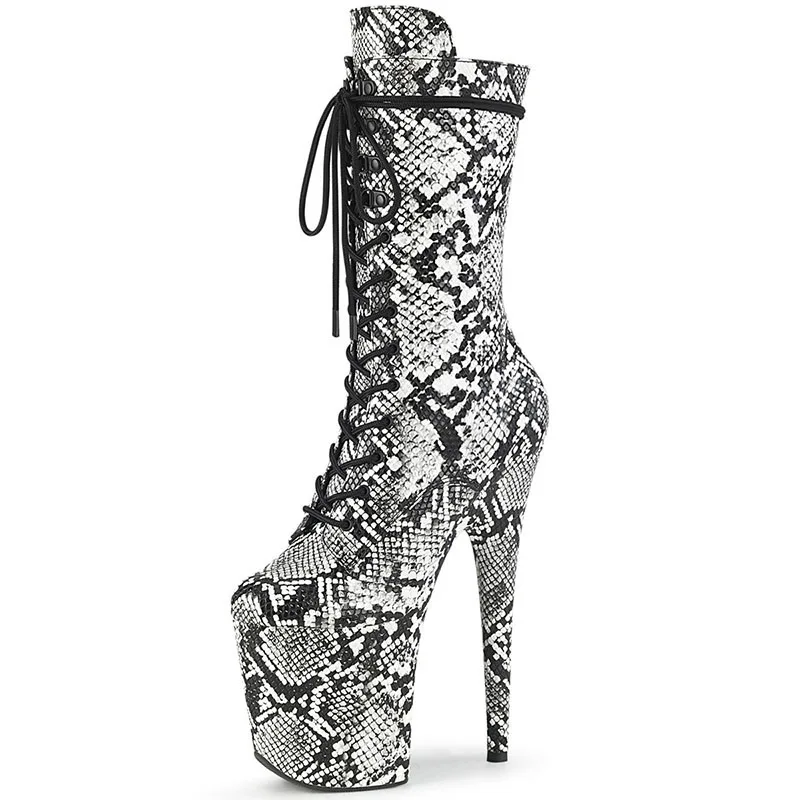 

Autumn and winter new lace up round head 20 cm snake pattern pole dance high heels Club platform large women's Boots