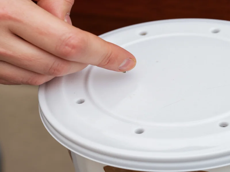 Hand poking holes in plastic cup lid for fly trap