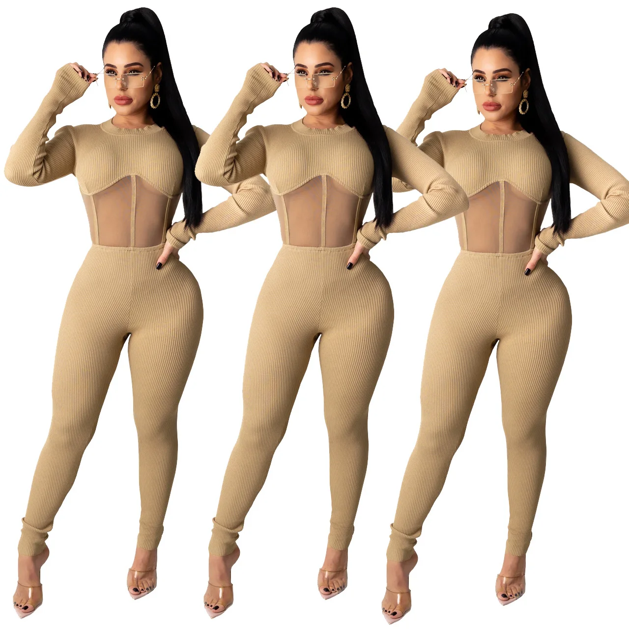 

Workout Sexy Bodycon Mesh Bodysuits Patchwork Rompers See Through Womens All In One Piece Ribbed Jumpsuit