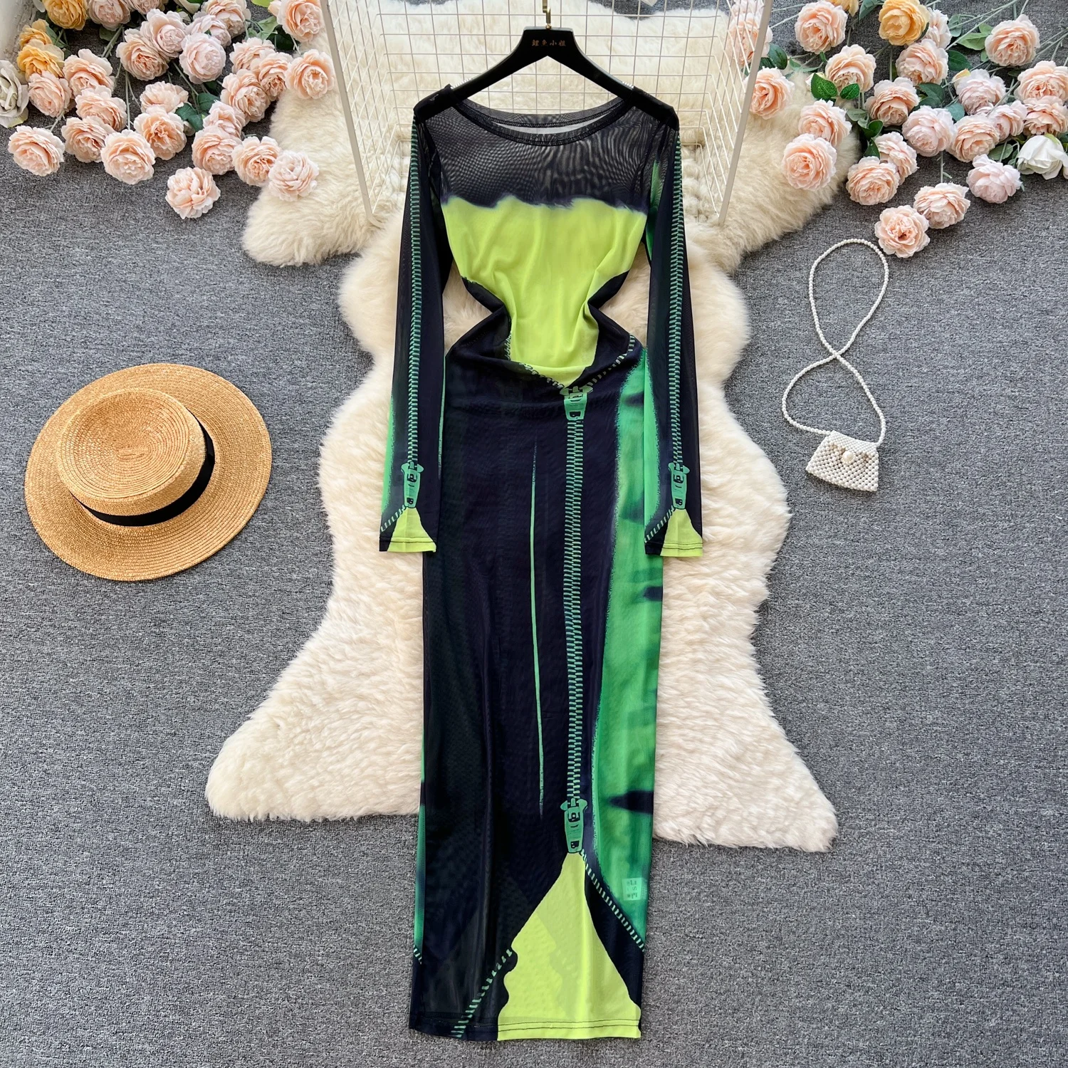 

Printed Women Summer Tulle Long Sleeve Tight Long Sleeve Sexy Dresses