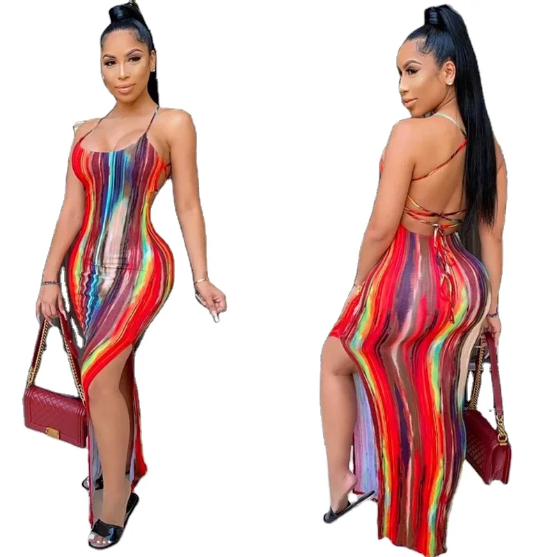 

2021 Summer New Fashion Sling Sexy Sling Backless Printed Dress Bandage Sleeveless Split Long Dress For Women, Picture color