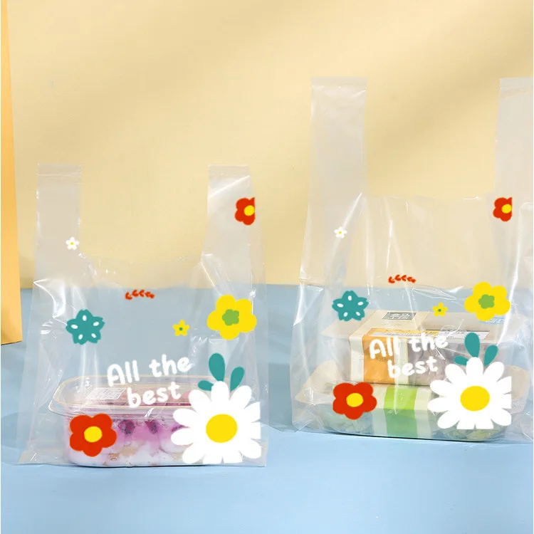 

Restaurant food delivery coffee transparent packaging design your own logo flat handle takeaway carry clear plastic bag