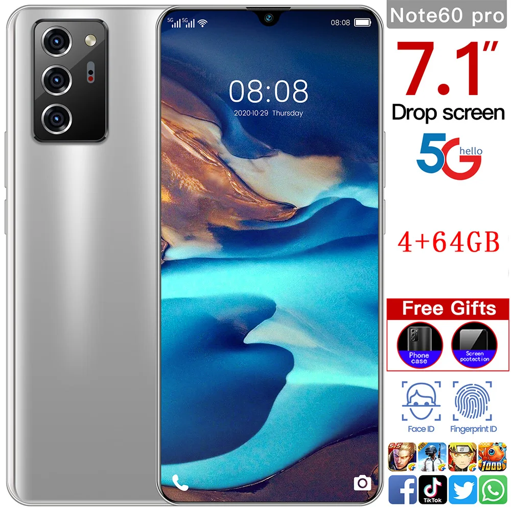

Mobile phone new Note60 Pro 4 + 64GB face recognition unlock dual card dual standby 5g Android 10.0 Smartphone