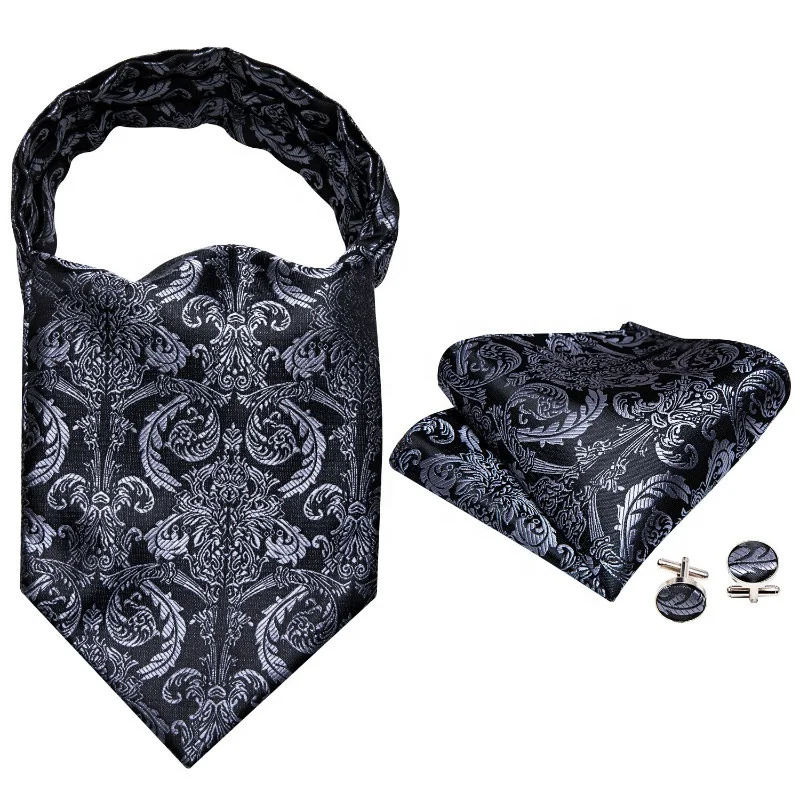 

New Popular Black Silver Jacquard Floral Mens Silk Ascot Pocket Square Set