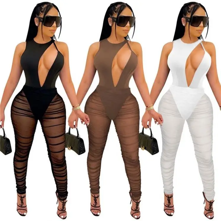 

JEAN Amazon 2021 Zipper Fly Hollow Out Draped Bodycon Jumpsuit Women Romper Female Clothing