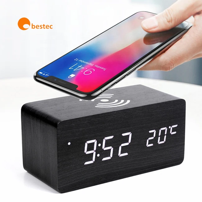 

Obestec Multi-function Digital Qi Fast Wooden Wireless Charger Alarm Clock