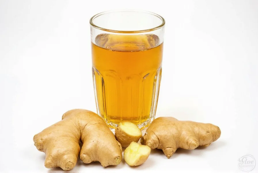 Close-up of fresh ginger root next to bottle of artisanal ginger ale showing natural ingredients