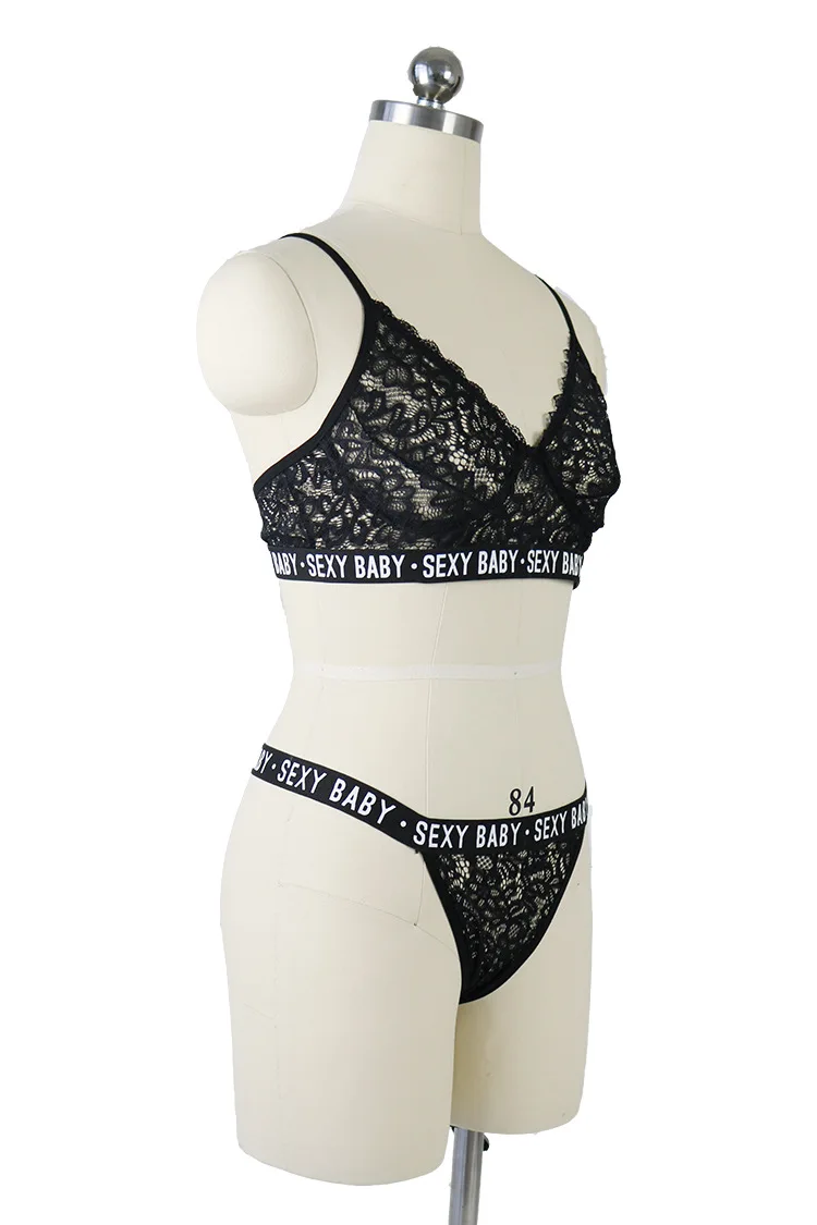 Eaby Hot Selling Sexy Lace Bikini Transparent Lettered Europe and America Sexy Lingerie Set