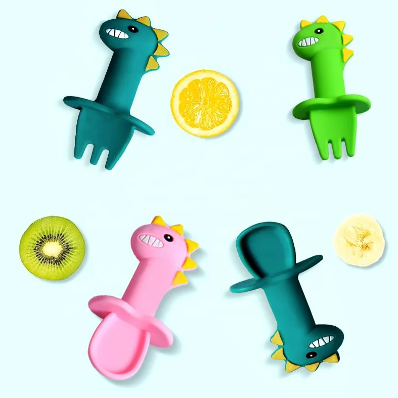 

Cute Design Food Grade Silicone BPA-Free Dinosaur Shape Baby Learn Feeding Soft Spoon And Fork Set, Customized