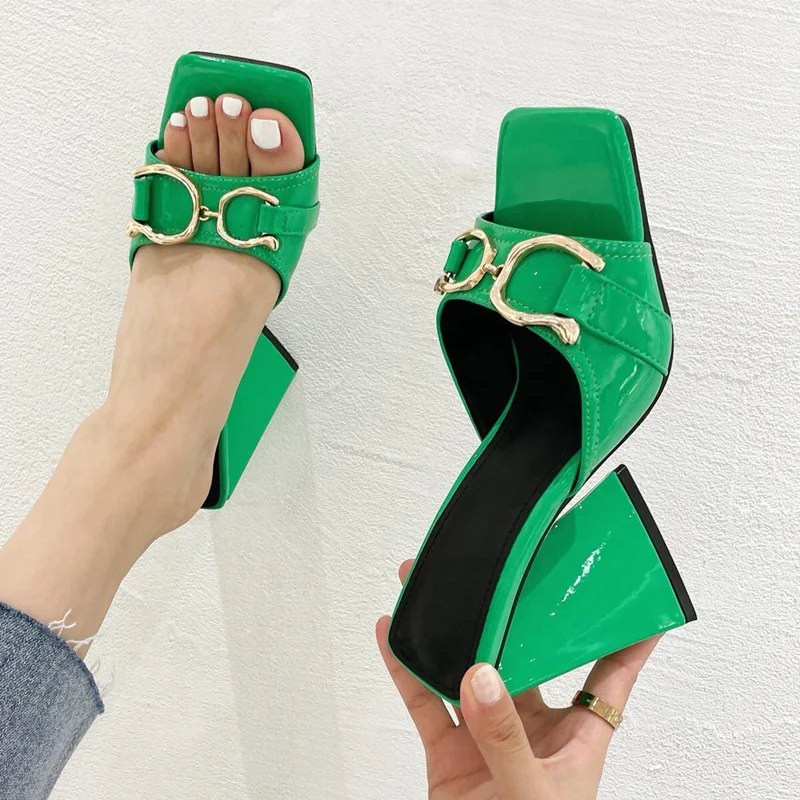 

Lovely Modern Sandals Spike Heels Square Open Toe High Heels Pure Color With Metal Decorate Slip-on Fashion Slides Slippers Shoe, Black white yellow green
