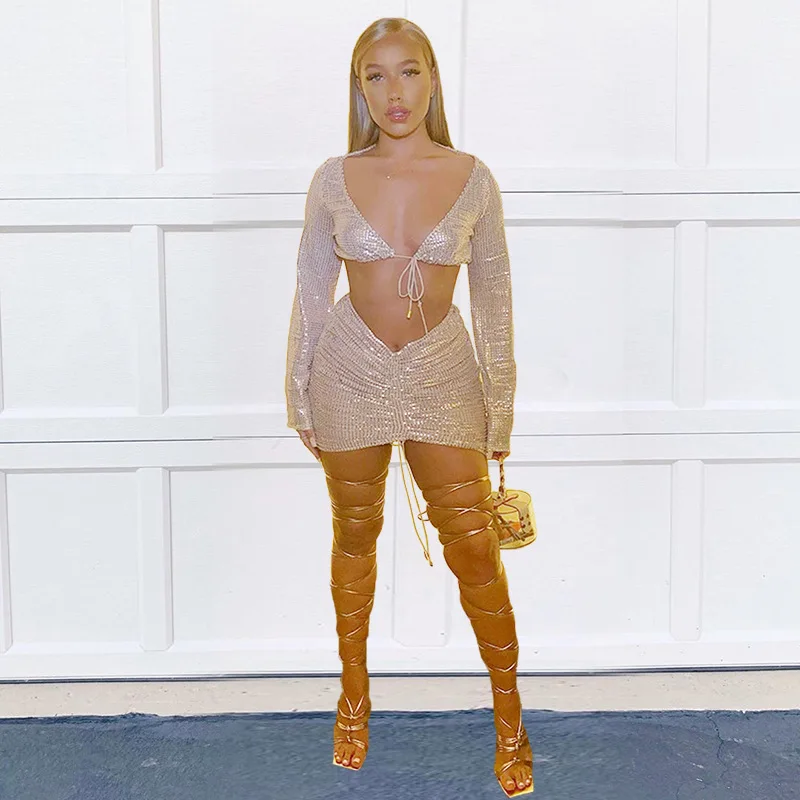 

2020 new arrivals autumn deep V neck sequin designs women sexy two pieces long sleeve top with skirt set