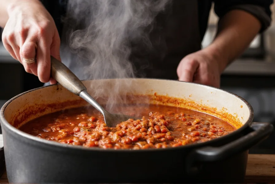 Chef stirring a pot of thick, hearty chili with visible steam rising