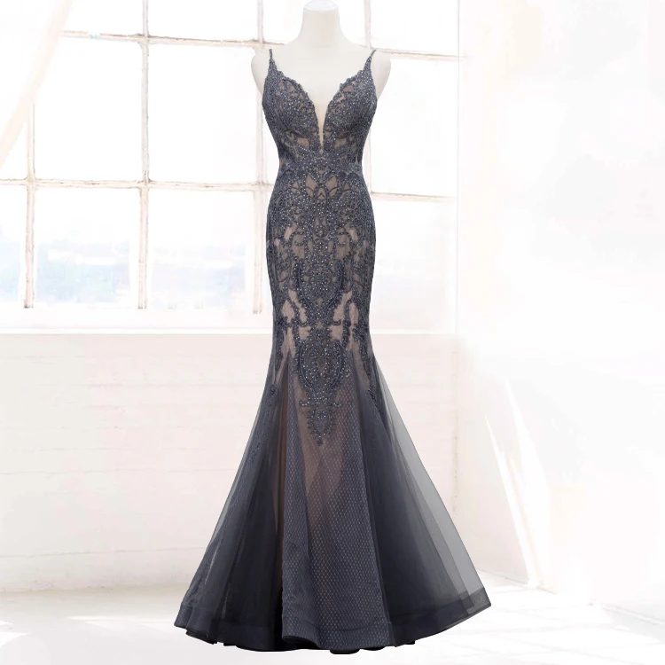 ELPR190170 luxury sexy mermaid long dress evening lace applique beaded V-neck sleeveless evening gown dress