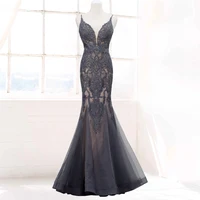 

ELPR190170 luxury sexy mermaid long dress evening lace applique beaded V-neck sleeveless evening gown dress