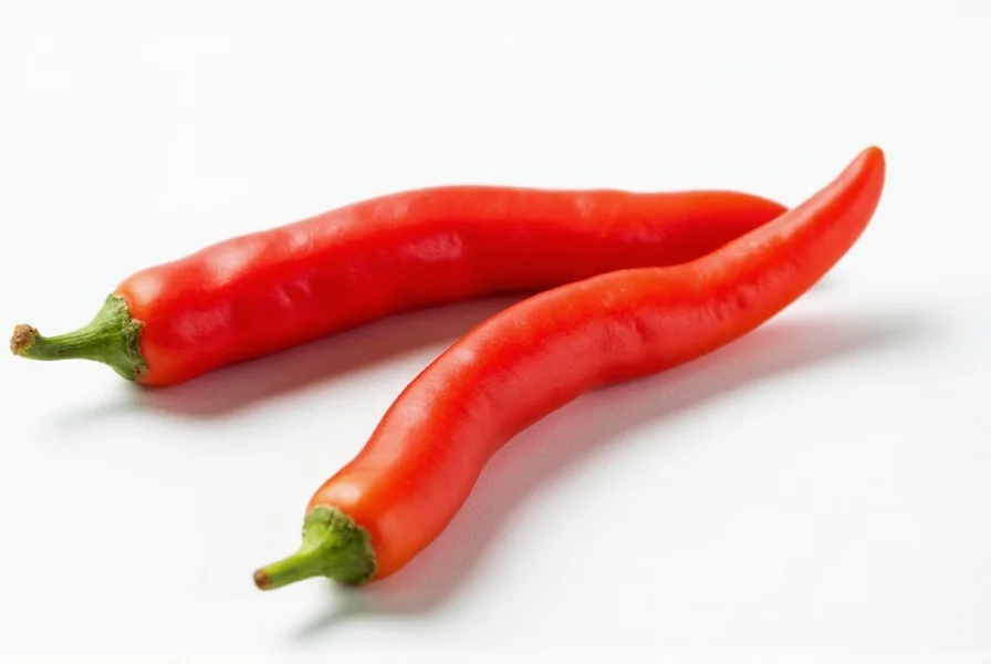 Close-up view of fresh cayenne peppers on plant showing their slender shape and vibrant red color