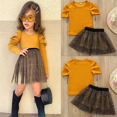 

Girls suit yellow short-sleeved round neck T-shirt mesh skirt two-piece summer children's clothing children's clothing