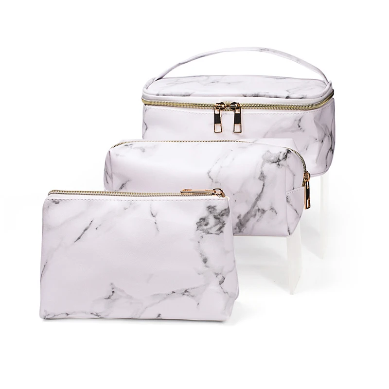 

Amazon Hot sale 3pcs Make Up Bag Set Waterproof Marble Leather Travel Cosmetic Bags