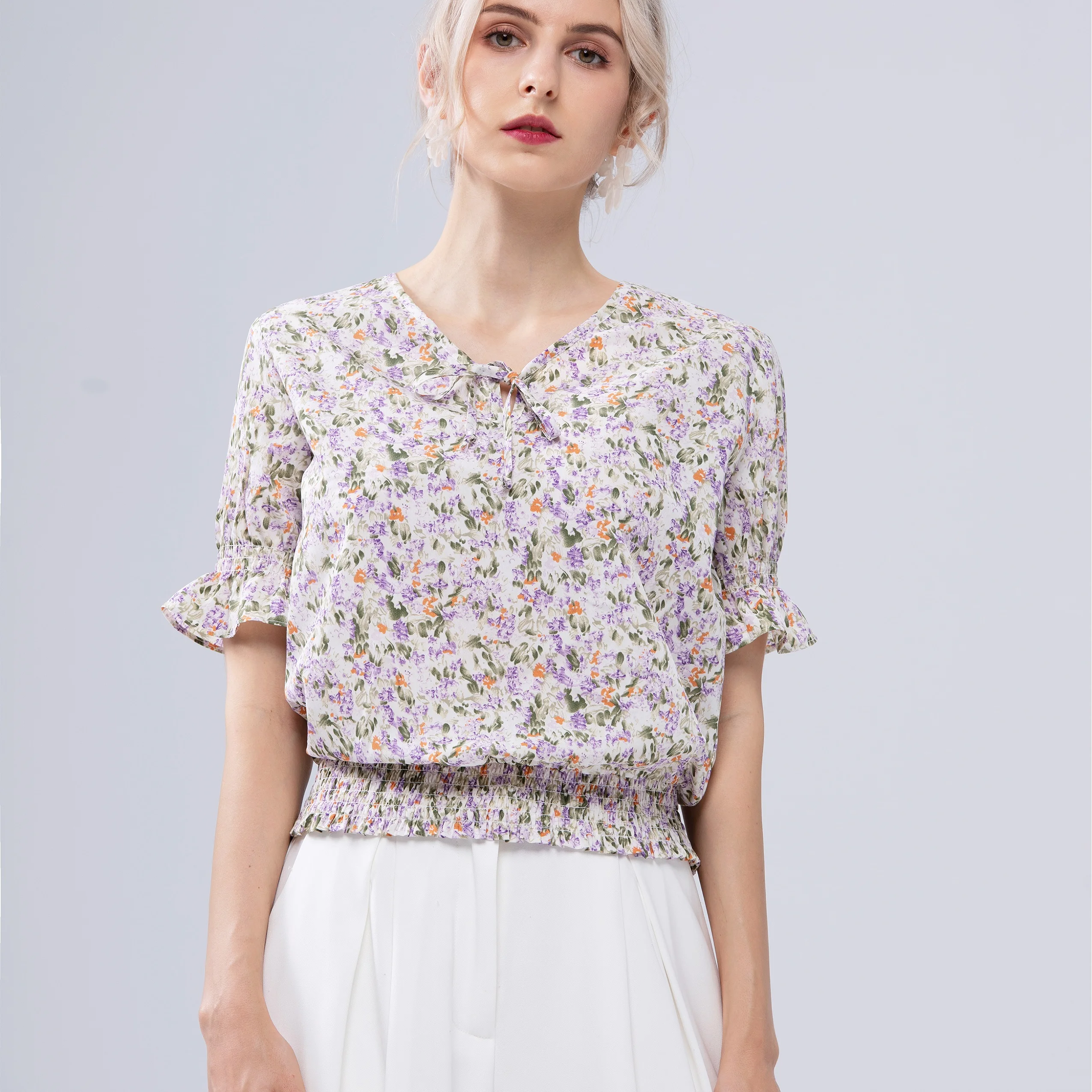 

Ladies Summer Printed Short Ruffle Sleeve Woman Smoked Bottom Casual Tops Blouses