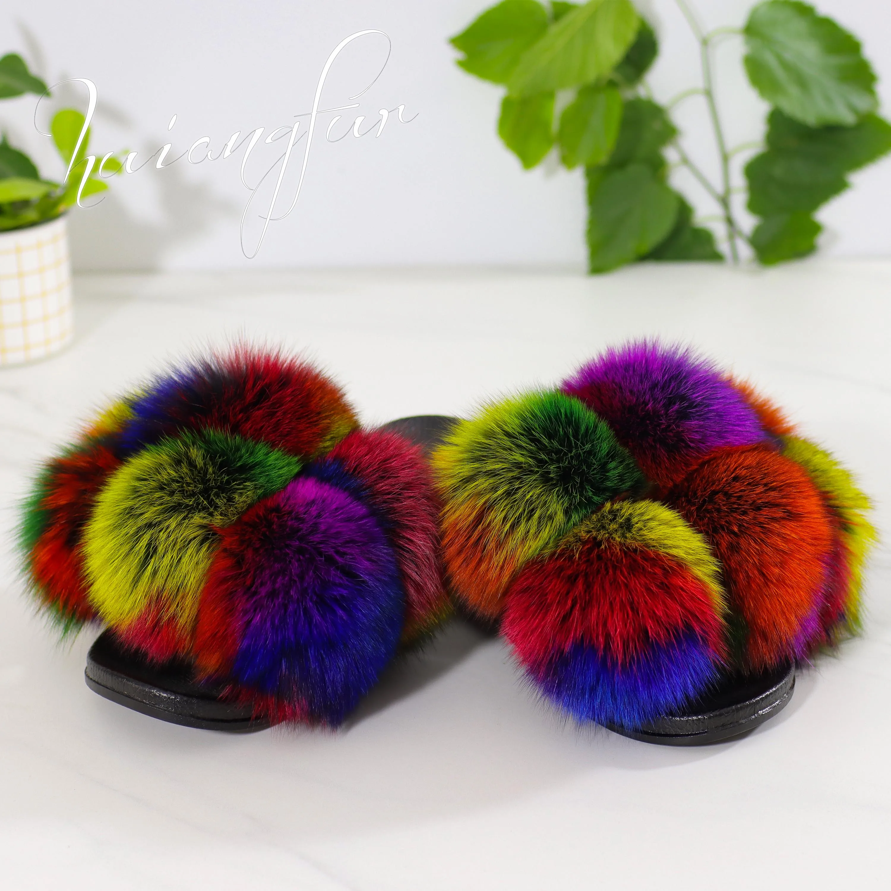 

ladies fur slippers women soft real fox fur slides fur ball sandal