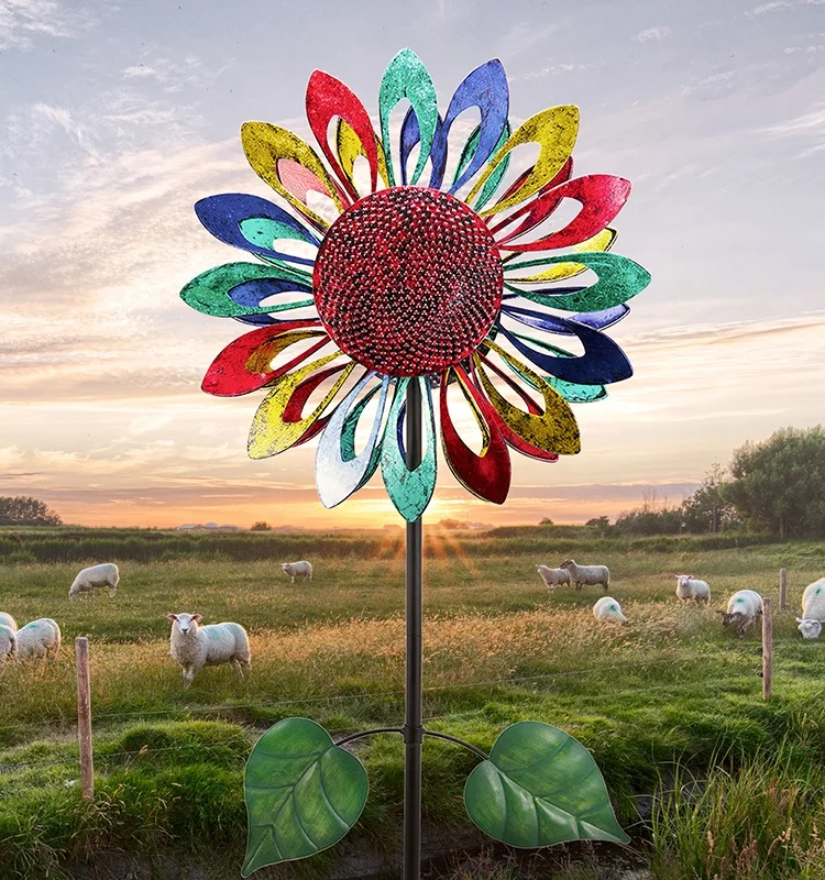 

Garden Decoration Colorful Sunflower Metal Windmill Outdoor Yard Art Garden Wholesale Wind Spinner, Customized color