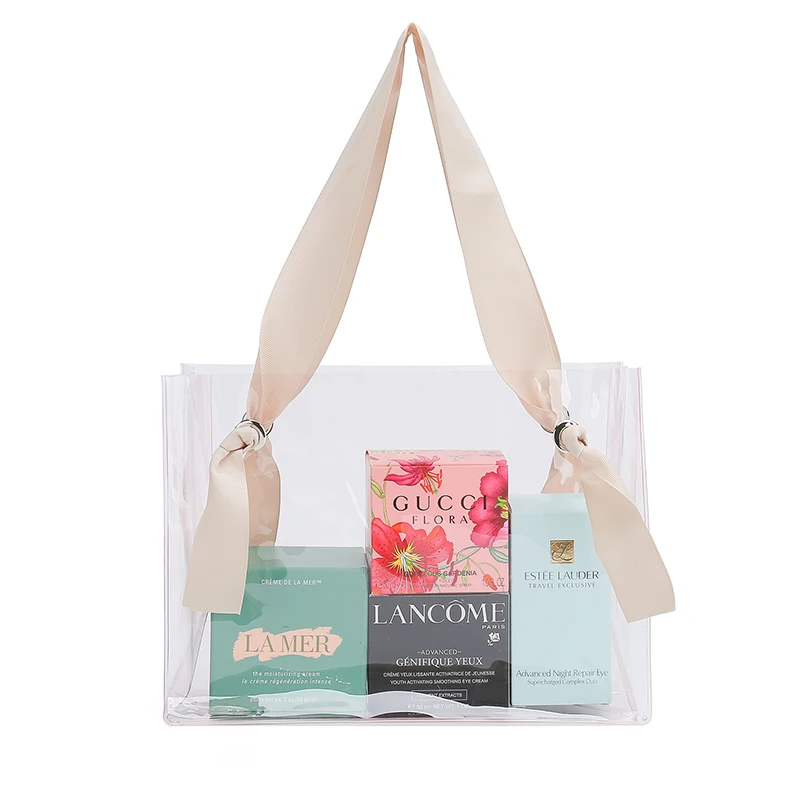 

Handmade Ribbon Handle easy clean Clear PVC plastic shopping bag