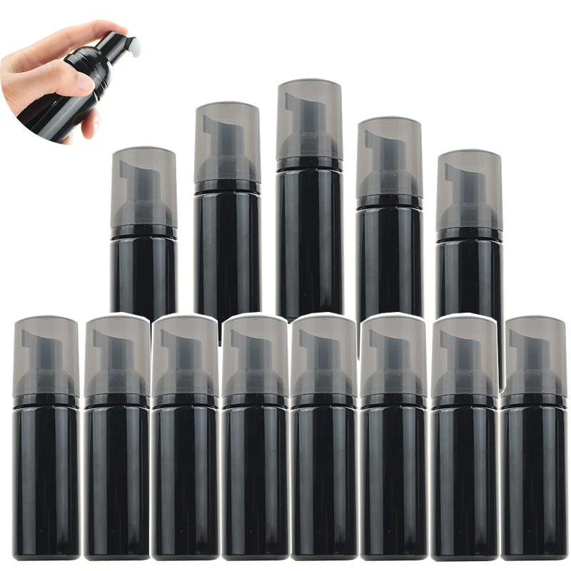

Stock 1.7oz 50ml Black Plastic Foam Pump Bottle Refillable Empty Face Cleanser Soap Container for Travel Shampoo Storage